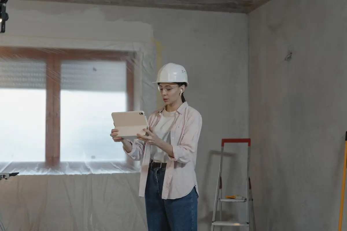 A builder checking a tablet in a room being refitted
