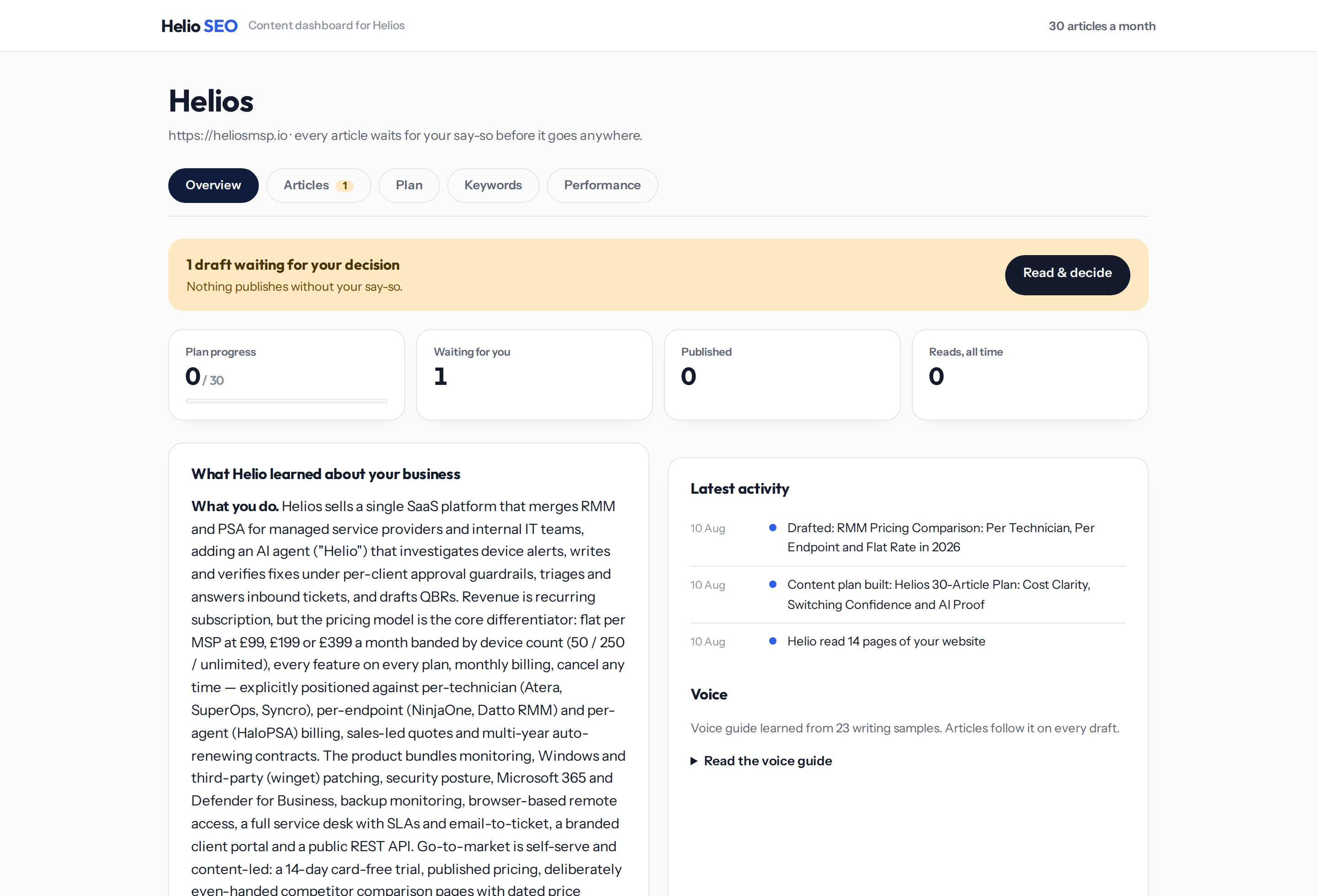 The Helio SEO customer dashboard showing a draft article waiting for approval