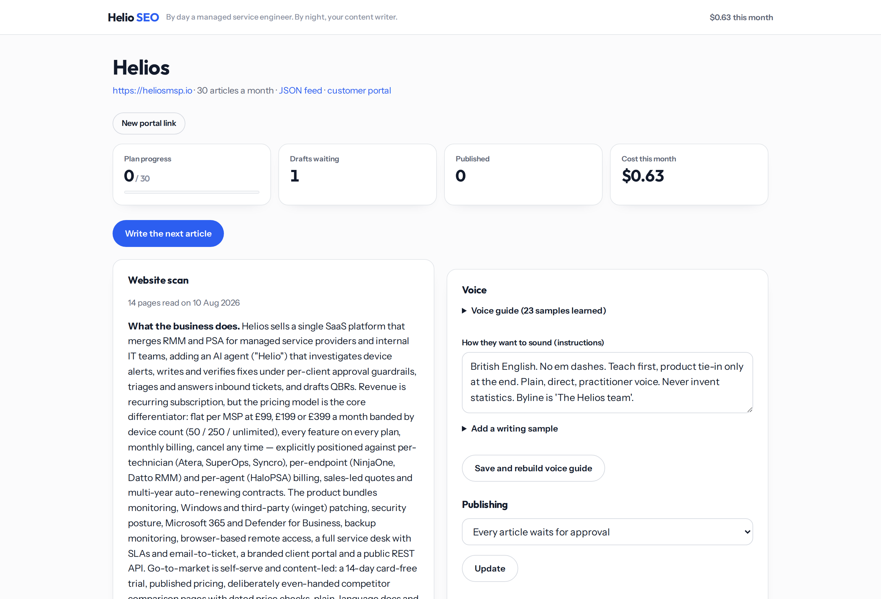 The Helio SEO workspace showing the website scan results and target keywords